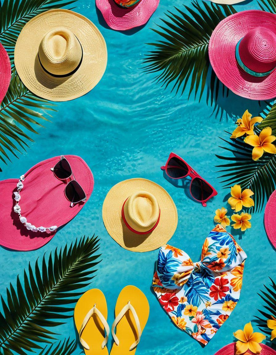 A vibrant beach scene featuring an array of colorful summer beachwear, including floral swimsuits, exotic sarongs, and stylish sun hats, displayed alongside tropical accessories like sunglasses and flip-flops. The background showcases a sunny beach with crystal-clear water and palm trees swaying gently in the breeze. Elements like seashells and beach towels add to the summer vibe. bright colors. sunny atmosphere. tropical theme.